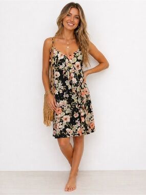 Billabong Black Floral Mini Dress Flowy Boho Beach Vacation Chic Resort Beach